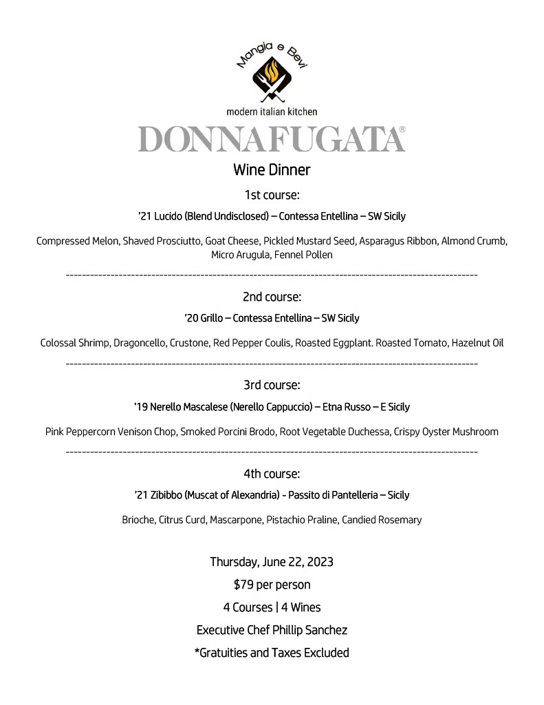 We can't wait for this one! 👌 Donnafugata Wine Dinner -  Thursday June 22nd! 1st course: ’21 Lucido (Blend Undisclosed) – Contessa Entellina – SW Sicily  Compressed Melon, Shaved Prosciutto, Goat Cheese, Pickled Mustard Seed, Asparagus Ribbon, ...