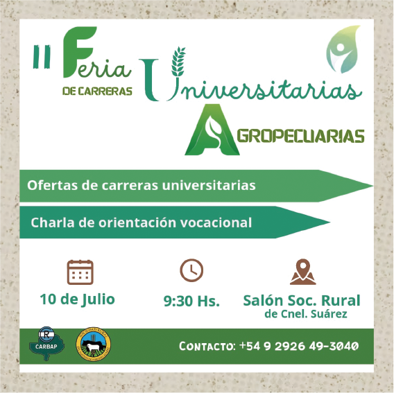 sociedadruralcs's tweet photo. 👉 La Sociedad Rural de Coronel Suárez los invita a la “Feria de Carreras Universitarias agropecuarias” que se realizará el 10 de julio, a las 9:30hs, en el salón de la SR de Coronel Suárez.

📌 Para más información pueden comunicarse al: 📞 2926 493040

#ruralsuarez #estudiantes https://t.co/FiGt5HBuRy