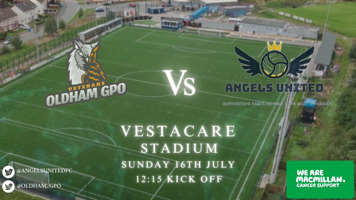 ππππππ πΎβπ π
΅π
² (@oldham_gpo) on Twitter photo πΎππππππππΏβ¦
β° 12:15 Kick Off
ποΈ Sunday 16th July
ποΈ Vestacare Stadium
π OL8 3JH
π <a href="/AngelsUnitedFC/">Angels United FC</a>
π MacMillan Charity Cup
ποΈ Donation on Entry
π± Kiosks / Bar Open
βοΈ <a href="/macmillancancer/">Macmillan Cancer Support</a> πΎππππππππΏβ¦
β° 12:15 Kick Off
ποΈ Sunday 16th July
ποΈ Vestacare Stadium
π OL8 3JH
π <a href="/AngelsUnitedFC/">Angels United FC</a>
π MacMillan Charity Cup
ποΈ Donation on Entry
π± Kiosks / Bar Open
βοΈ <a href="/macmillancancer/">Macmillan Cancer Support</a>