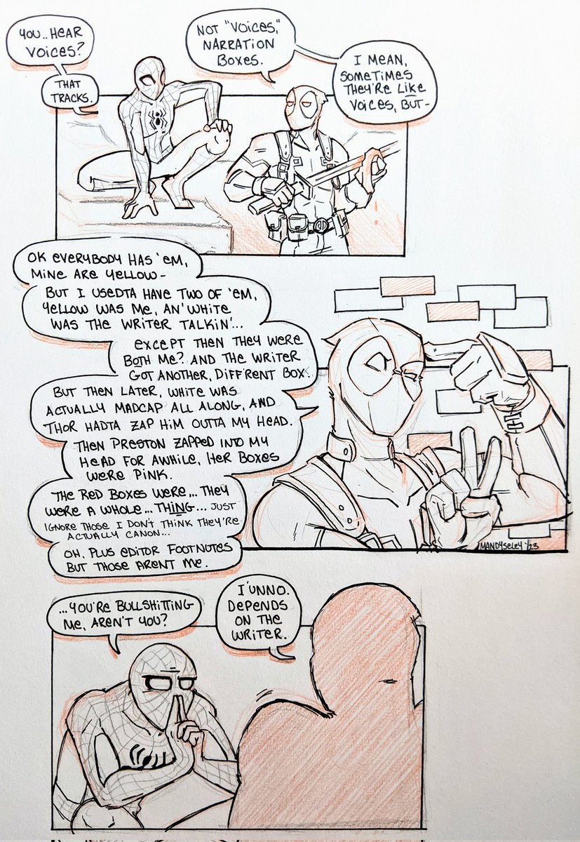 Mandy_Seley's tweet photo. My little bit of online activity lately is on Tumblr, I made a sideblog (https://t.co/aiMCaEYdzW) to contain my comic book rambling and indulge in a little fandom blogging. You can check there for assorted Deadpool and Trigun infodumping, and occasional doodles https://t.co/LYQzjagCqS