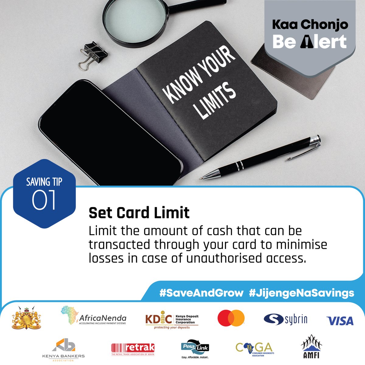 Kaa Chonjo, Set a limit of the amount that can be transacted on your card. Setting a limit will help prevent loses in case you lose your card to malicious individuals.

Usikubali kugongwa!

#KaaChonjo #AccessCares #MoreThanBanking