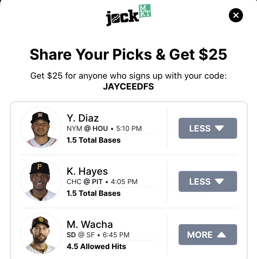 6/19/2023 - JockMT

Lock this in.

Diaz: -140 Pinnacle.
Hayes: -145 DK.
Wacha line is at 5.5, we'll take the 'O' 4.5.

#PrizePicks #prizepicksmlb #DFS #GamblingTwitter #MLB #FreePlays #prizepicknba #prizepickslocks
