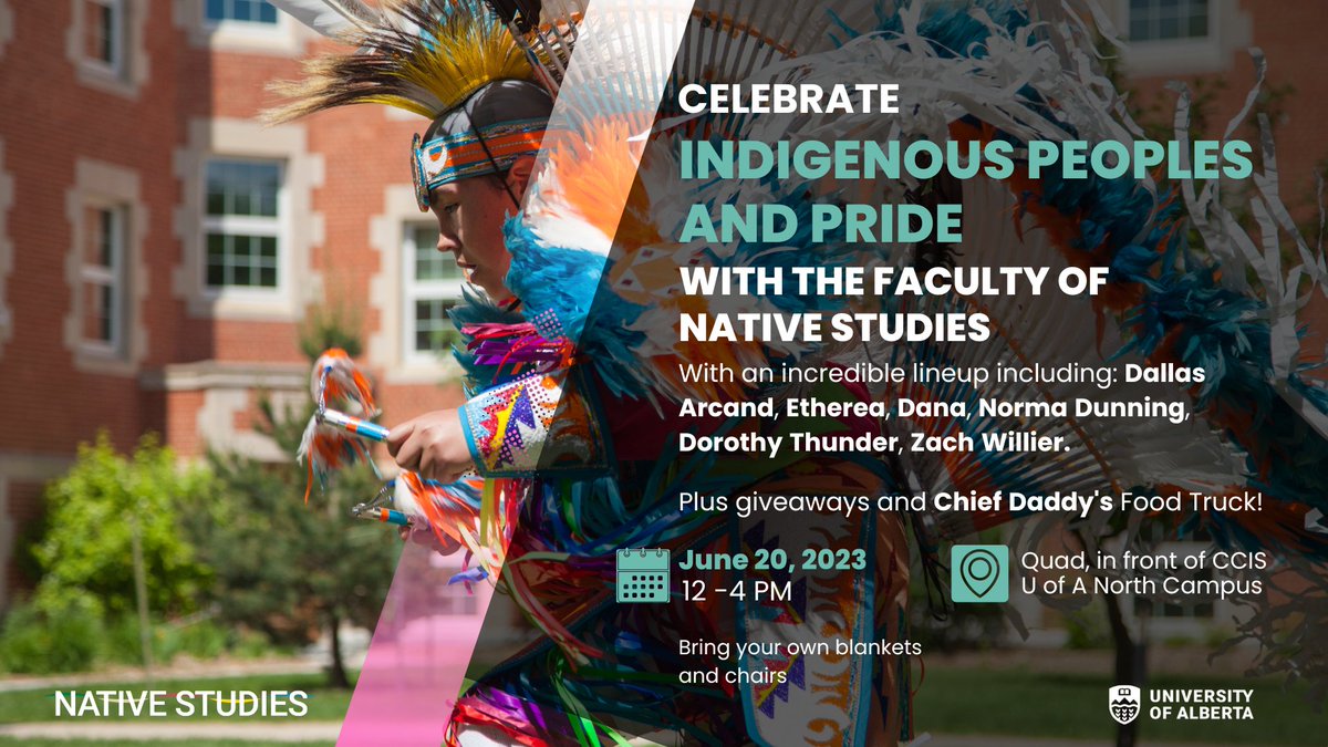 Tomorrow! Drummers, hoop dancers, fiddlers, authors, drag queens, puppet shows - you do NOT want to miss this celebration of all that June is about! 

New location due to rain: Education Gym

fb.me/e/VO58RCUY

#UANativeStudies #UAlberta #Pride2023 #NIPD2023 #NIHM2023