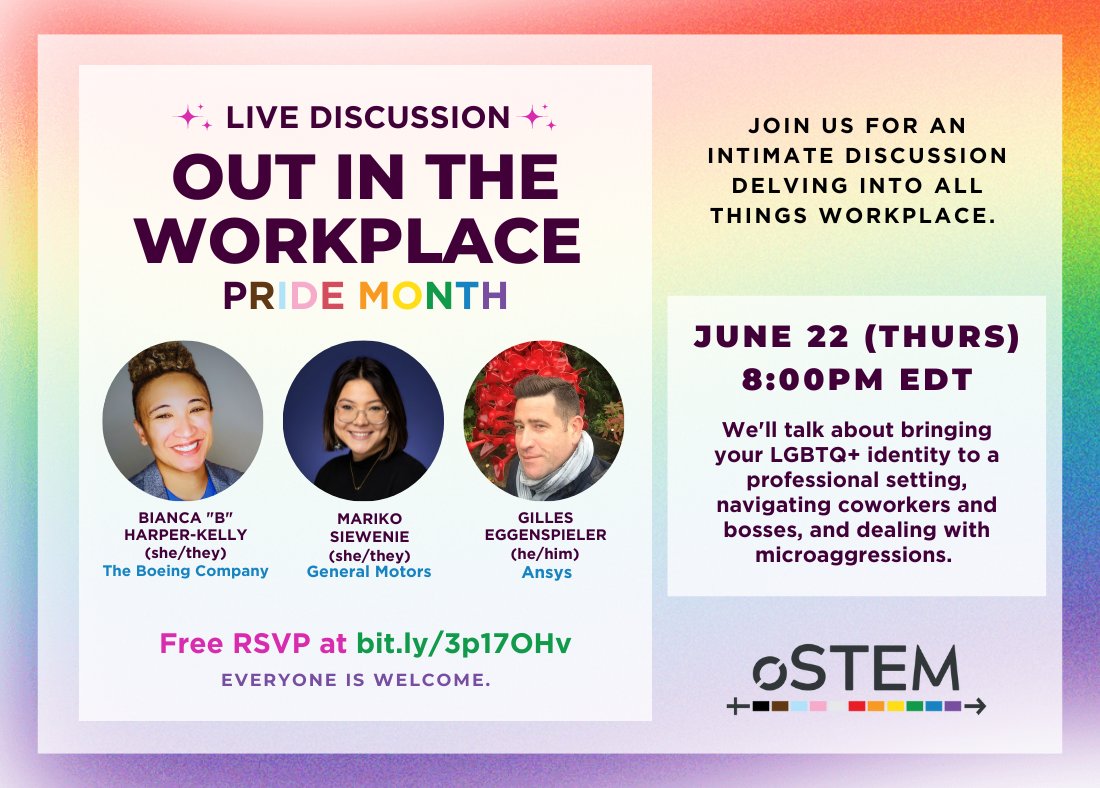 For Pride, we're excited to bring together three panelists for a discussion on being Out in the Workplace. Topics will cover a host of topics on navigating the workplace with your LGBTQ+ identity. This is a conversation you won't want to miss! RSVP at bit.ly/3p17OHv 🌈