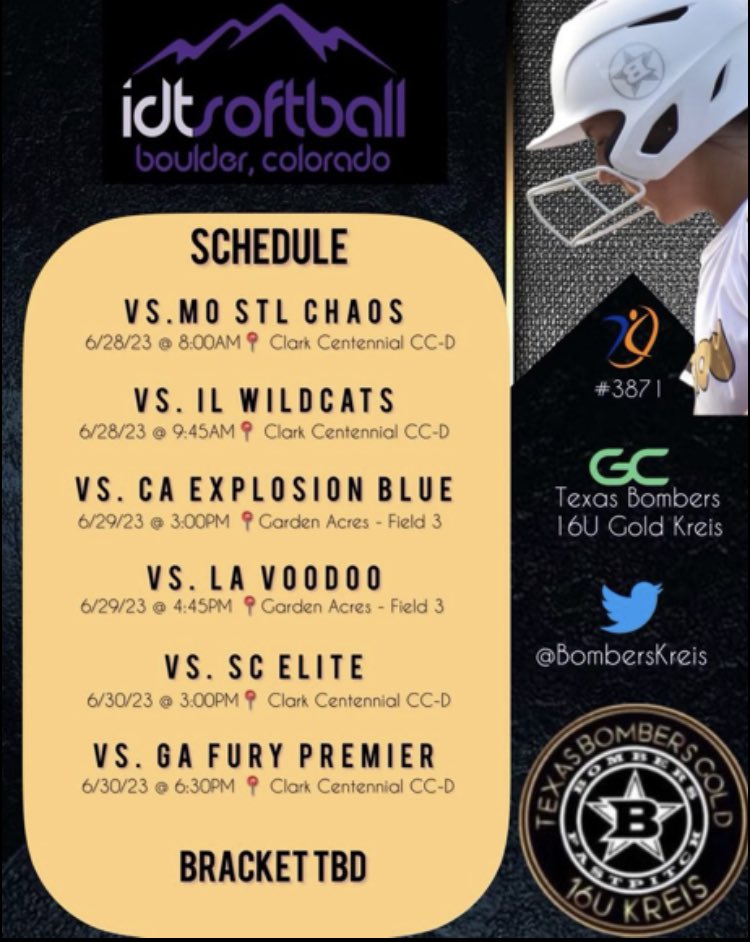 Rachel Wallace 2025 (@rachel_wallaace) on Twitter photo Colorado is coming up fast!!! Here is our scedule for the IDT! Canโt wait to play some great ball ๐ฅ <a href="/BombersKreis/">Texas Bombers Gold Kreis</a> <a href="/shannon_klaus/">Shannon Klaus</a> <a href="/Patriot_sb/">Patriot Softball</a> @morgiek4 <a href="/Coach_SniderSB/">Craig Snider ๐</a> <a href="/TexasCoachWhite/">Mike White</a> Colorado is coming up fast!!! Here is our scedule for the IDT! Canโt wait to play some great ball ๐ฅ <a href="/BombersKreis/">Texas Bombers Gold Kreis</a> <a href="/shannon_klaus/">Shannon Klaus</a> <a href="/Patriot_sb/">Patriot Softball</a> @morgiek4 <a href="/Coach_SniderSB/">Craig Snider ๐</a> <a href="/TexasCoachWhite/">Mike White</a>