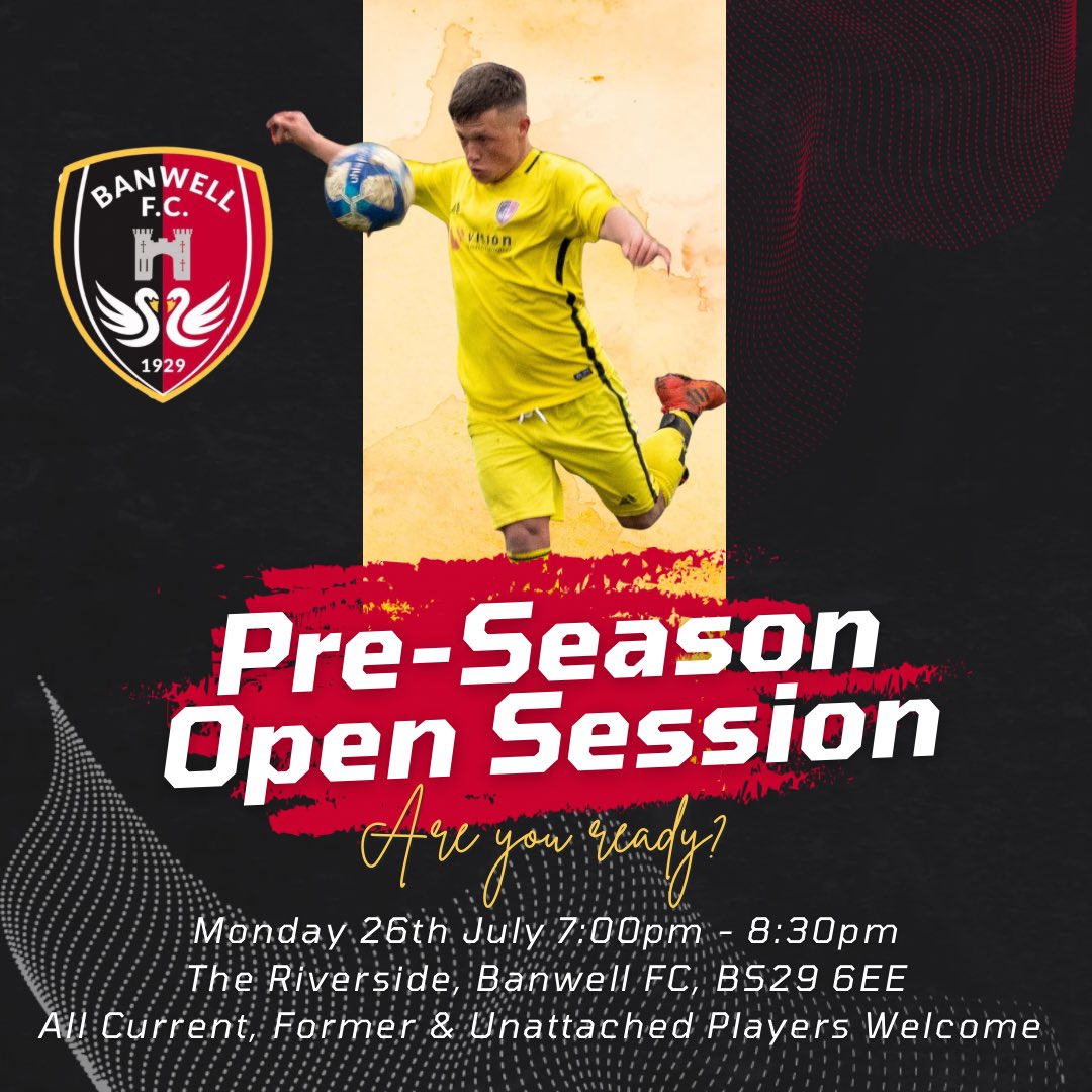 banwellfc's tweet photo. ⚽️ | Pre-Season Training 2023/24 

This time next week we will begin our pre-season training at The Riverside, Banwell FC at 7:00pm - 8:30pm.

All current, former, unattached and new players welcome 👏🏻

@swsportsnews @westcountryfb @SMSTfriendlies 

#UpTheBan⚫️🔴 #PreSeason https://t.co/HkUoUQq8e8