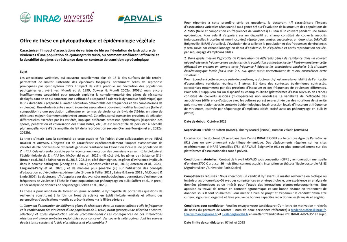wheatpath's tweet photo. RT📣 Offre de #thèse en #phytopathologie @INRAE_Bioger @Arvalisofficiel : "Caractériser l’impact d’associations de variétés de blé sur l’évolution de la structure de virulences d’une pop. de #Zymoseptoria tritici". Date limite de candidature : 7 juillet.
https://t.co/DVbIBBhdRO https://t.co/rV54UvxVCm