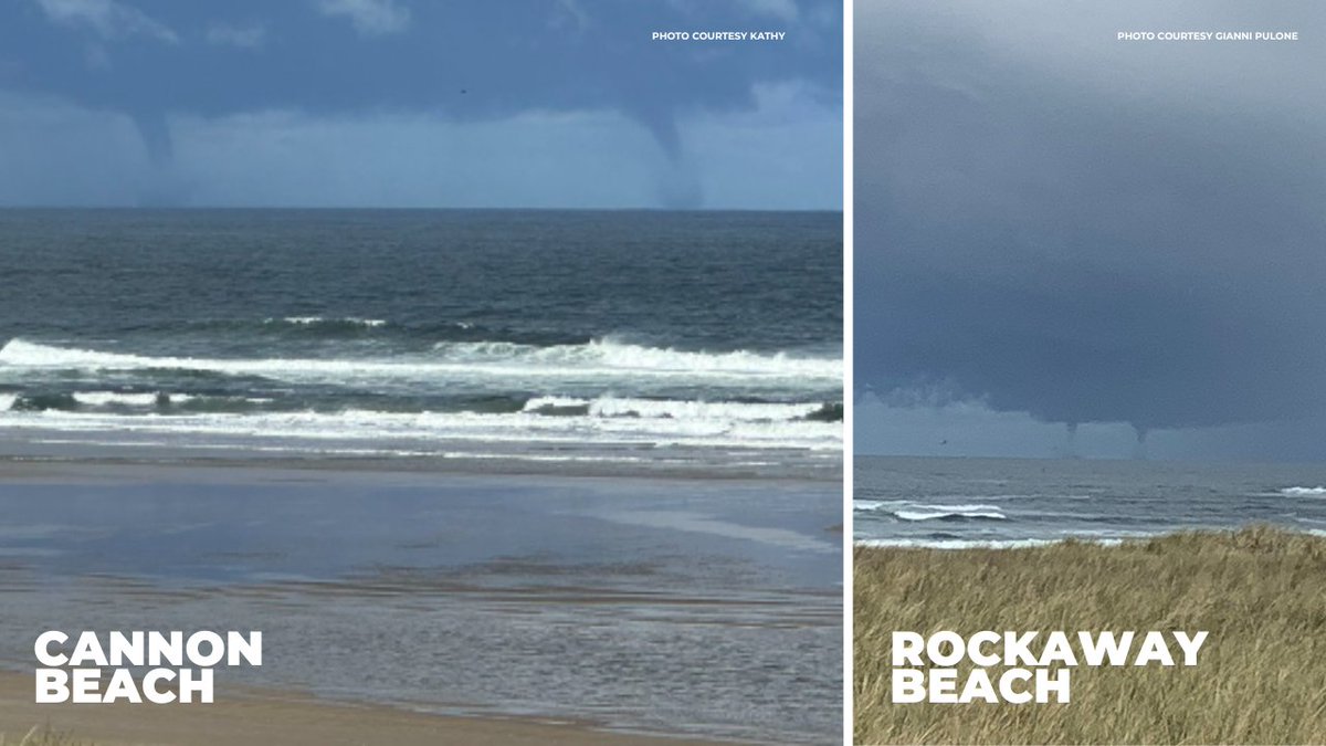 KGWNews's tweet photo. CHECK THIS OUT: Five waterspouts formed off the Oregon coast Monday morning. Viewers sent these photos from Rockaway Beach and Cannon Beach. @NWSPortland warned waterspouts can be dangerous. They're similar to tornadoes over water. Story link: https://t.co/pSjXR9W7N8 https://t.co/6OG8bbCnzH