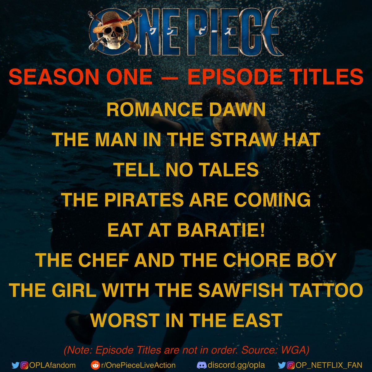 OP_Netflix_Fan's tweet photo. One Piece Netflix Live Action — Season 1 Episode Titles

Source: WGA
Note: Episode Titles are not in order https://t.co/MHep1CQT3E