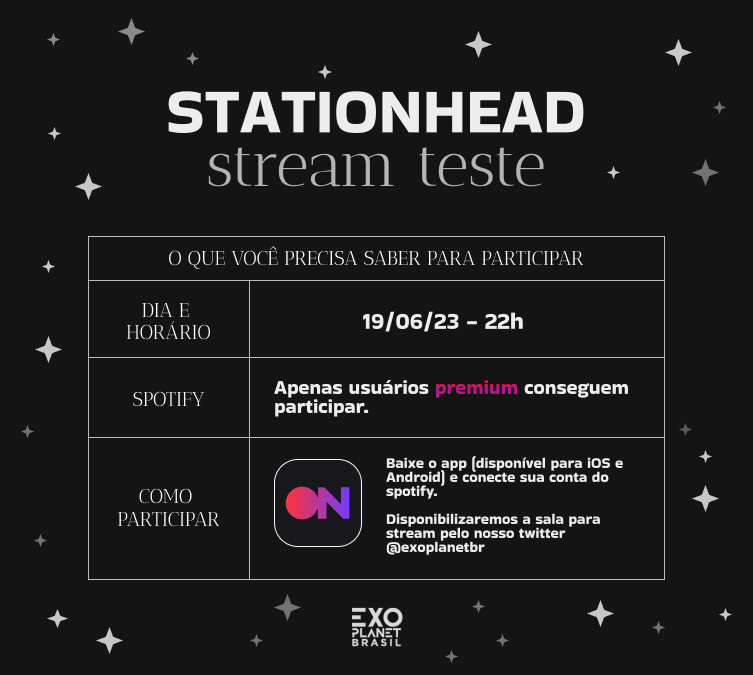 [⚠️] VOCÊS VOTARAM! Nosso stream teste no STATIONHEAD acontecerá HOJE (19/06) as 22H!

Esperamos vocês aqui no horário, não deixem de participar! Se der tudo certo teremos uma nova fonte de stream em conjunto para o comeback cada vez mais próximo do EXO. Até mais tarde!