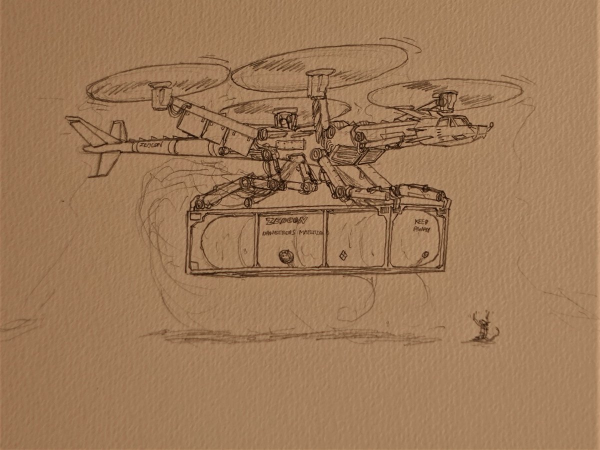 ZEDCON Container Dragon:  A large heavy lift VTOL used primarily to airlift inter-modal containers and other goods.  They support a crew of two, although they regularly run with only one.  The four rotors are on long booms and can articulate and tilt.