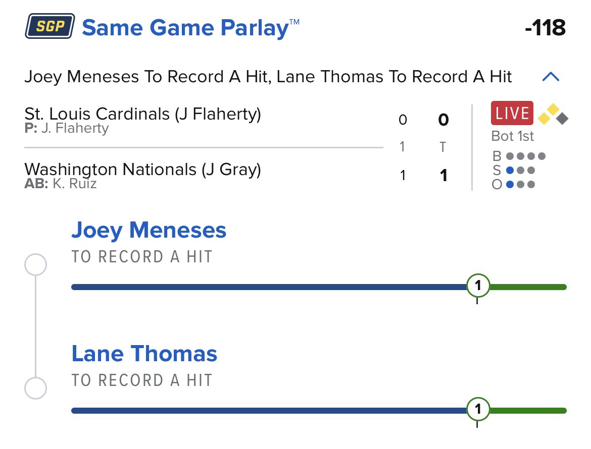 DOESN’T GET EASIER THAN THAT💰

FanDuel -118
Joey Meneses 1+ Hit✅
Lane Thomas 1+ Hit✅
#STLCards #NATITUDE