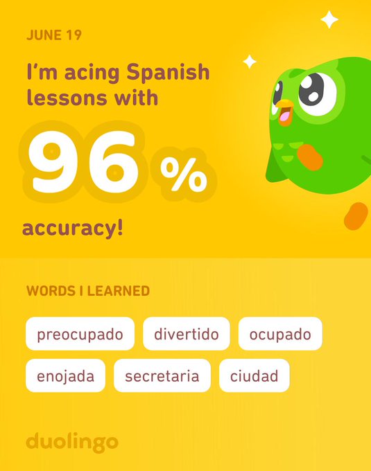 I&rsquo;m learning Spanish on Duolingo! It&rsquo;s free, fun, and effective. https://t.co/0NCS7oie6P