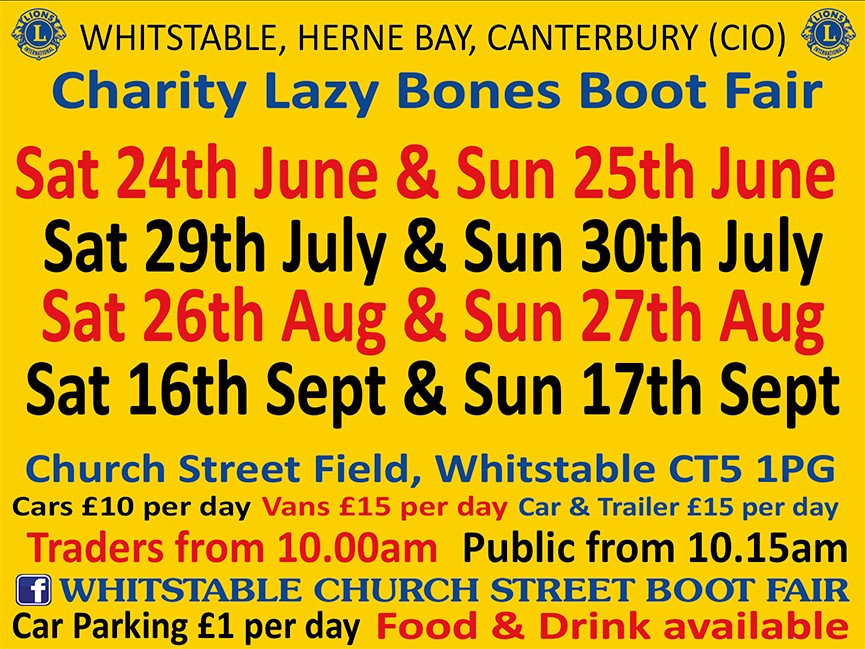 Lions Lazy Bones Charity Boot Fair this weekend. Don't rush. Relax. Enjoy lunch at the refreshment area. Feel good, all profits go to charity. Traders from 10.00, public from 10.15. Hope to see you there! #lazybonescarboot #whitstable #carbootwhitstable #churchstreetcarbootfair