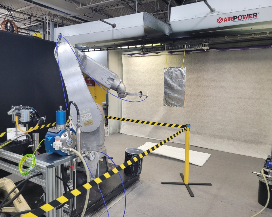 Air_Power_Inc's tweet image. BEHIND THE SCENES: Our team is in the paint lab doing pathing tests to robotically spray mold release, using Devilbiss AG364 Airless Gun. #automation #airPOWER #paintlab