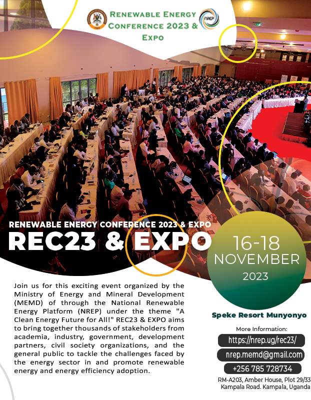 Mark your calendars for the Renewable Energy Conference 2023 & expo (#REC23 & #EXPO)! 🗓️
Join us for insightful sessions, engaging exhibitions, and networking opportunities. 💡
Learn more and register today 🌐: nrep.ug/rec23/

#RenewableEnergy #REC23 #SDGs #SDG7