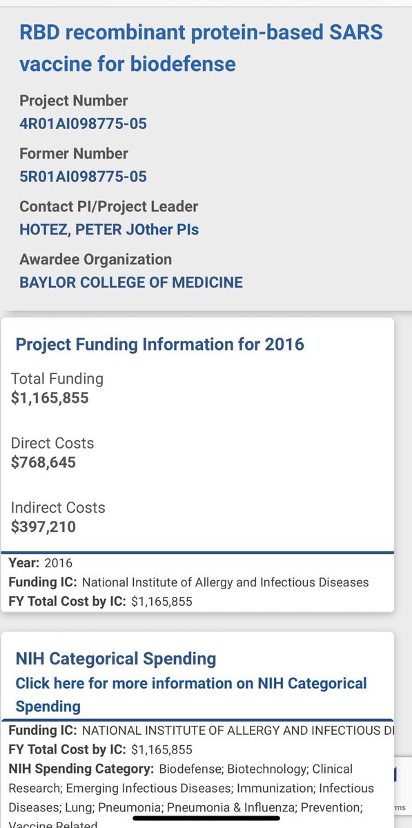 TexasLindsay_'s tweet photo. NIH Category: Biodefense research for a SARS protein based vaccine from Fauci’s NIAID, awarded to Peter Hotez at Baylor
https://t.co/1mue4pX0Ry https://t.co/V7MZ1j5AJW