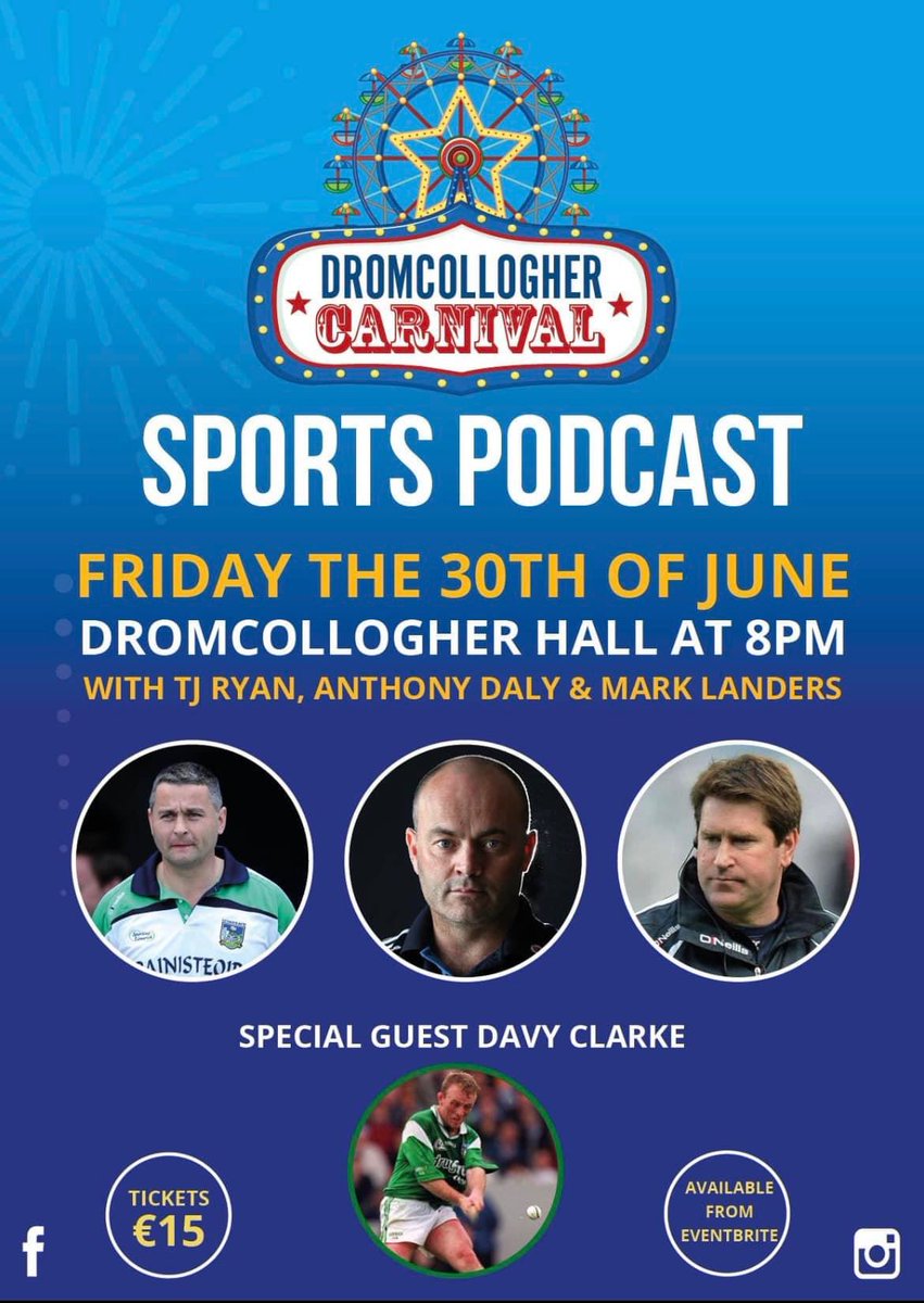 Great night guaranteed in Dromcollogher on Friday the 30th of June. Get your tickets with the following link so you don’t miss out on great night of hurling and craic. 
 eventbrite.ie/e/sports-podca… <a href="/DaloAnto/">Anthony Daly</a> <a href="/TJRyan3/">TJ Ryan</a>