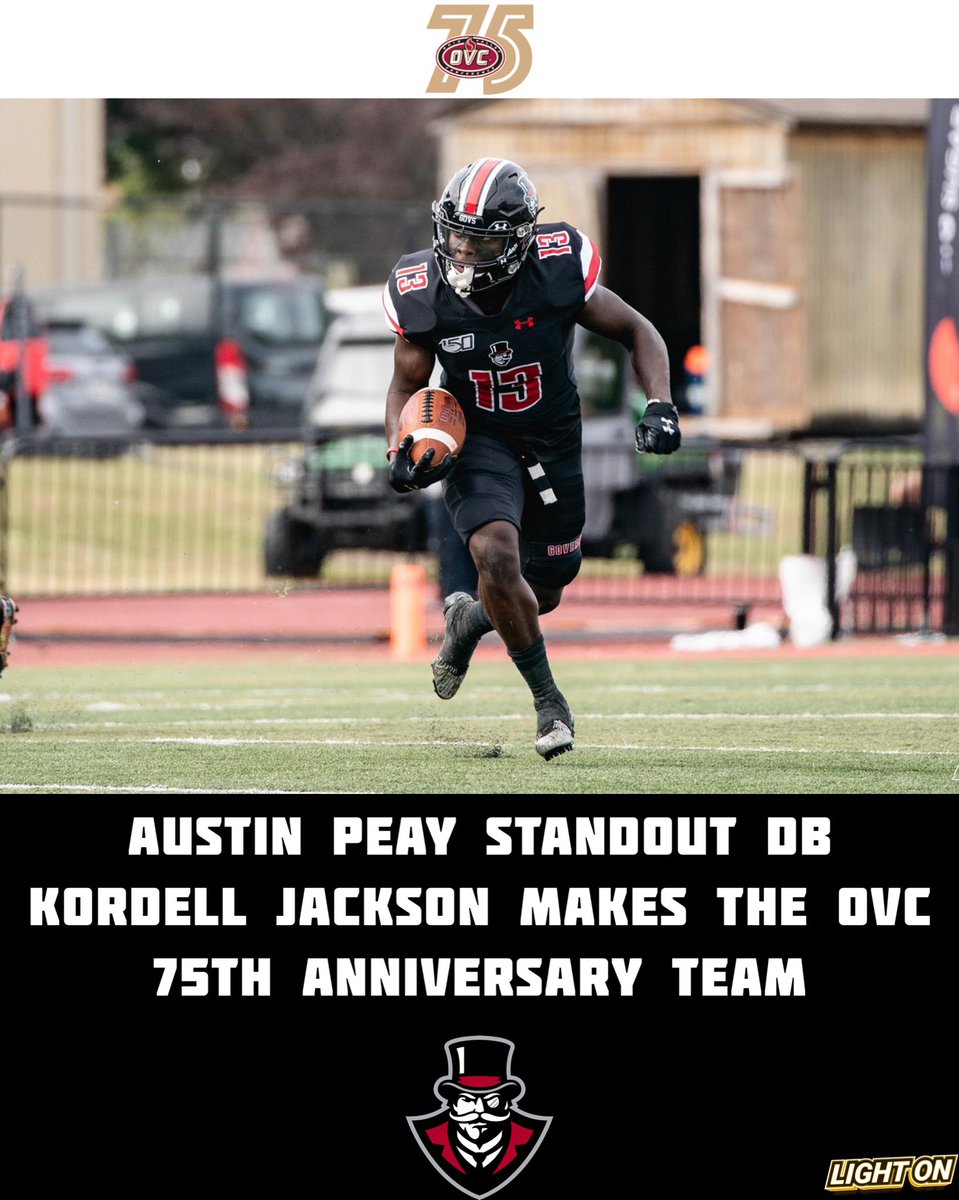 LightOnSports's tweet photo. Austin Peay Standout DB Kordell Jackson Makes The OVC 75th Anniversary Team. 🎩 @kordelljackson2 

Per: OVC Release

📸: @GovsFB https://t.co/ELGJ3BBFZk