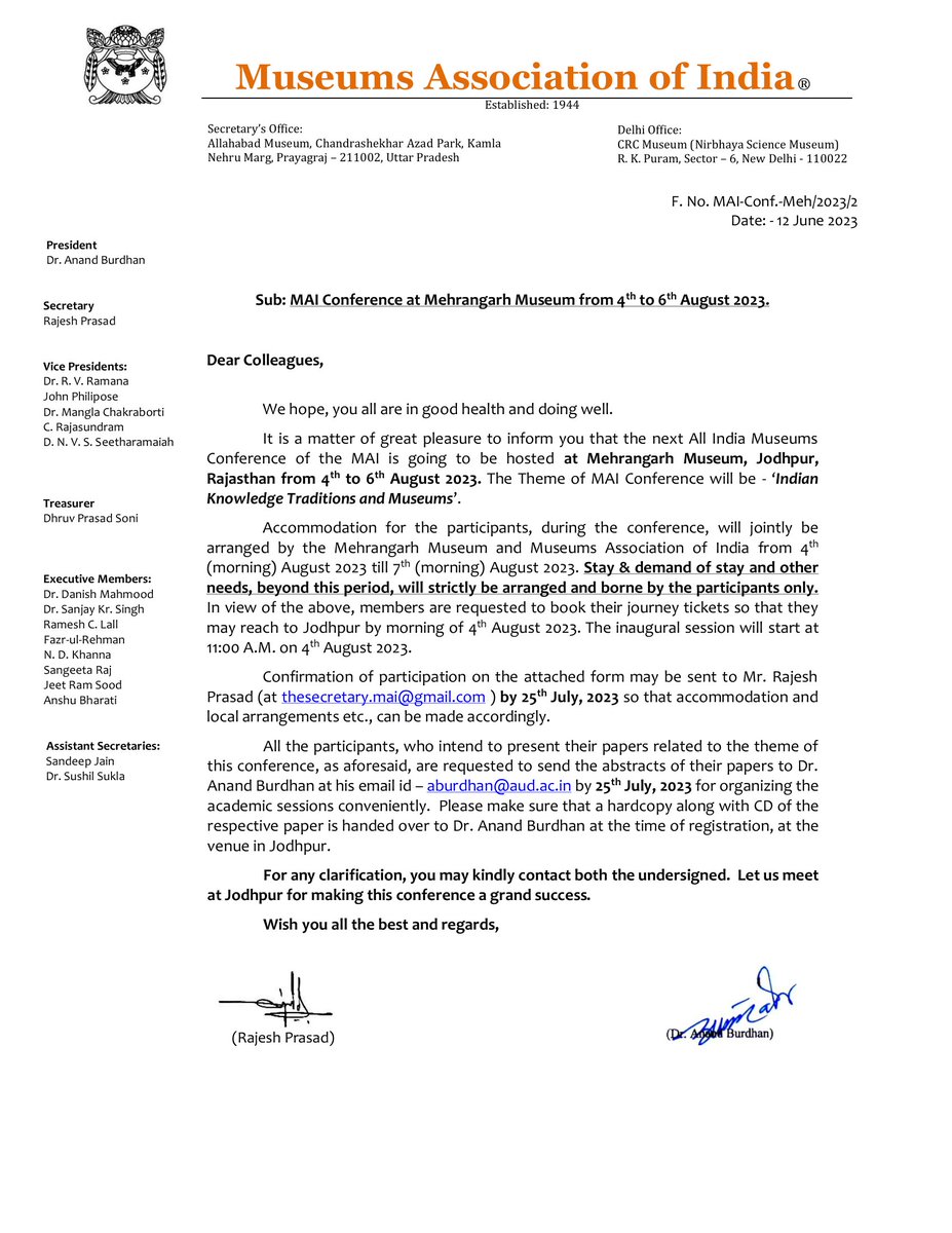 MAI_1944's tweet photo. C I R C U L A R
===========
Subject: Museums Association of India - MAI Conference at Mehrangarh Museum from 4th to 6th August 2023. Kindly go through it.
#museumsassociationofindia #mai #conference #conference2023 #jodhpur #mehrangarhfort #museum #mehrangarhmuseum https://t.co/hYIRUBli17
