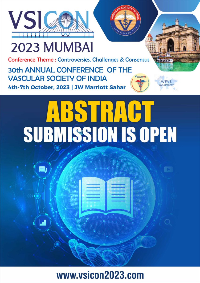 Our portal is now open for submissions:
1. Prof .R.C.Sekhar award for Best Scientific Paper by a young vascular surgeon
2. Free paper award
3.  Servier'educational grant
4. Best bailout award( Bailout ka Badshah)
Details available on vsicon2023.com
#vascularsurgery