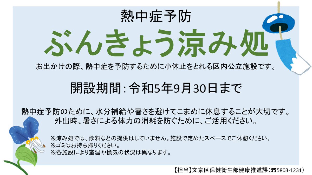bunkyo_tokyo's tweet photo. 【お知らせ】9/30（金）まで「ぶんきょう涼み処」を開設しています。どなたでもご利用いただけますので、熱中症の予防対策としてぜひお立ち寄りください。また、各施設により室温や換気の状況は異なります。あらかじめご了承ください。https://t.co/tNSqGPHo2T https://t.co/WncwJG5mIp