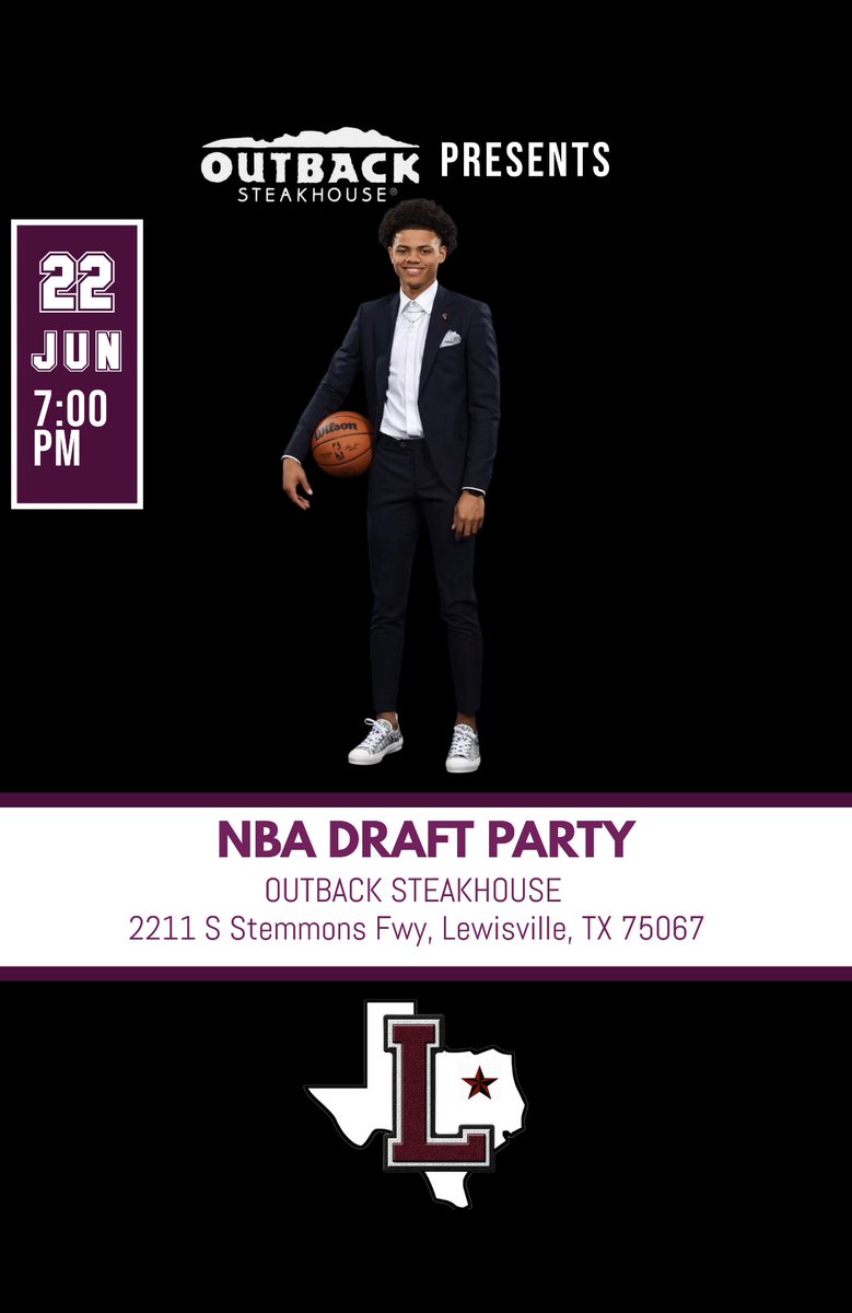 Come out to The Outback Steakhouse in Lewisville, TX on June 22nd at 7PM to watch Lewisville’s own Keyonte George make history in being the 1st ever Lewisville Farmer to be an NBA 1st round draft pick! Please call Outback at 972-315-5772 prior to Thursday to RSVP!