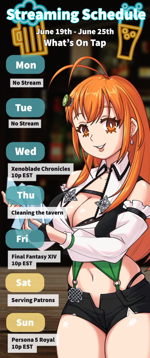 Schedule for the week!

#XenobladeChronicles on Wed
#FinalFantasyXIV on Fri
#Persona5Royal on Sun  

#Vtuber #Vtubers #ENVtuber #ENVtubers #VTuberUprising #smallstreamer #smallstreamers #Streamcaster