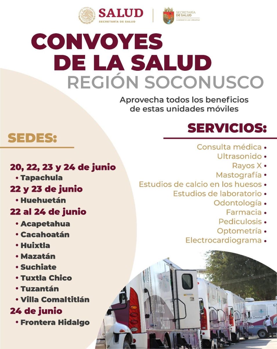 Amigas y amigos los invito para que se acerquen a las sedes donde estarán ubicados los convoyes de la salud en los próximos días; recuerden que los servicios de salud que ofrecen son gratuitos.