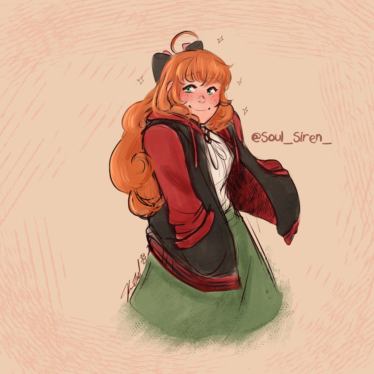 Doodled some Penny when taking a break from the Edelgard piece.
Borrowing someone's hoodie?  I don't know what my thought process was here.  Just went with it.😅

#RWBY #pennypolendina