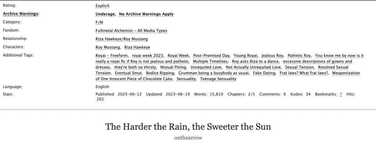 Rain/Sun chapter 2 is OUT, featuring a "fake" kiss, teenage angst, and Roy Mustang's bare ass. Royai Week is over, but I'm just getting started! (And every week is Royai Week tbh) 😌

archiveofourown.org/works/47839417…