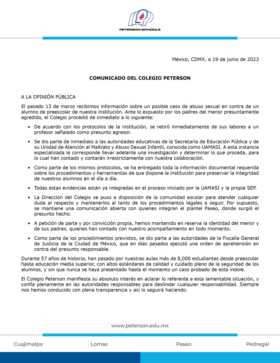 Comunicado a la opinión pública.