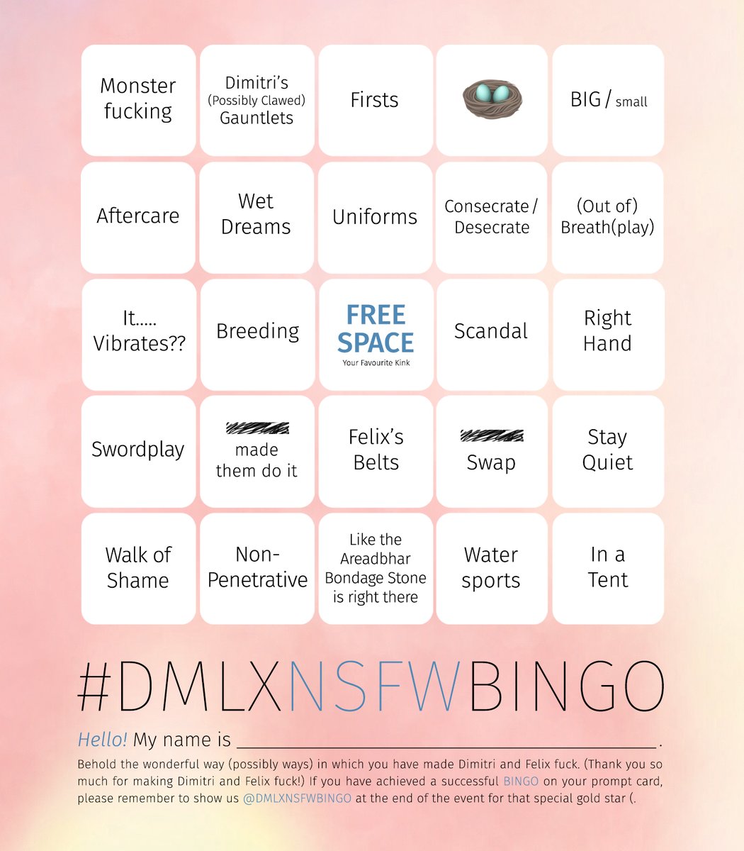 [RTs=💙] 

Welcome to another hot summer season in Faerghus!!! Our favourite time of the year is coming, and with your help, so are Dimitri and Felix—please join us in making fun and sexy things for #Dimilix NSFW Bingo from August 16-20, 2023!

Event info in replies ⬇️