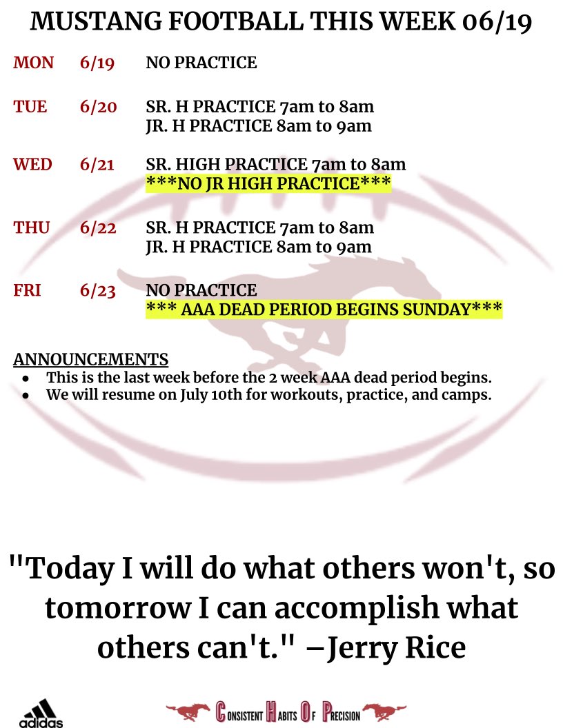 Weekly Schedule. There is no junior high practice on Wednesday due to the AAA Clinic. This is the final week before the 2 week AAA Dead Period. Going to be a great week to cap off the month of June! We’ve made progress every week! Let’s get after it! #DUB Depend Upon Brothers