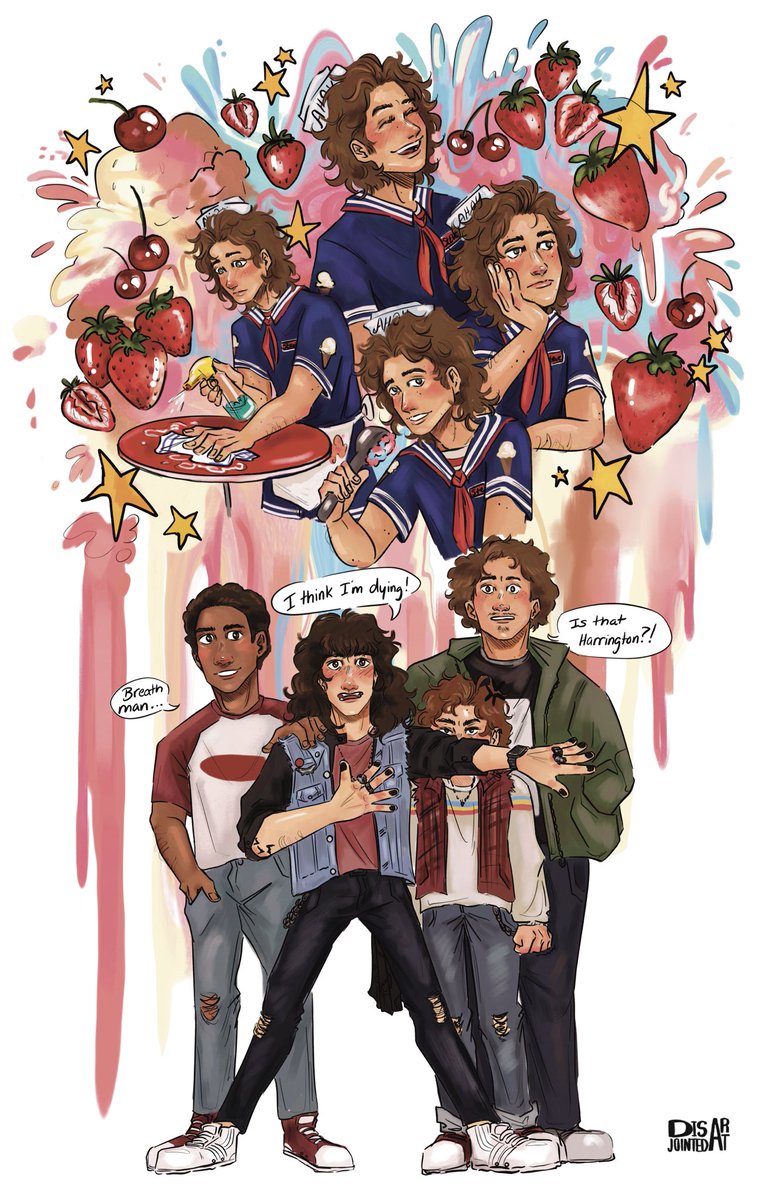 Long time no steddie (they say when it’s only been a week) Anyway here’s season 3 Eddie loosing it over the scoops uniform 🫡 
—
#StrangerThings #steddiefanart