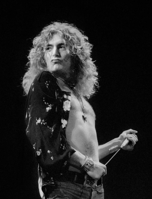 Robert Plant onstage on the second night of Led Zeppelin's classic five night stint at the Earl's Court Arena, 1975. Photo by Mick Gold.