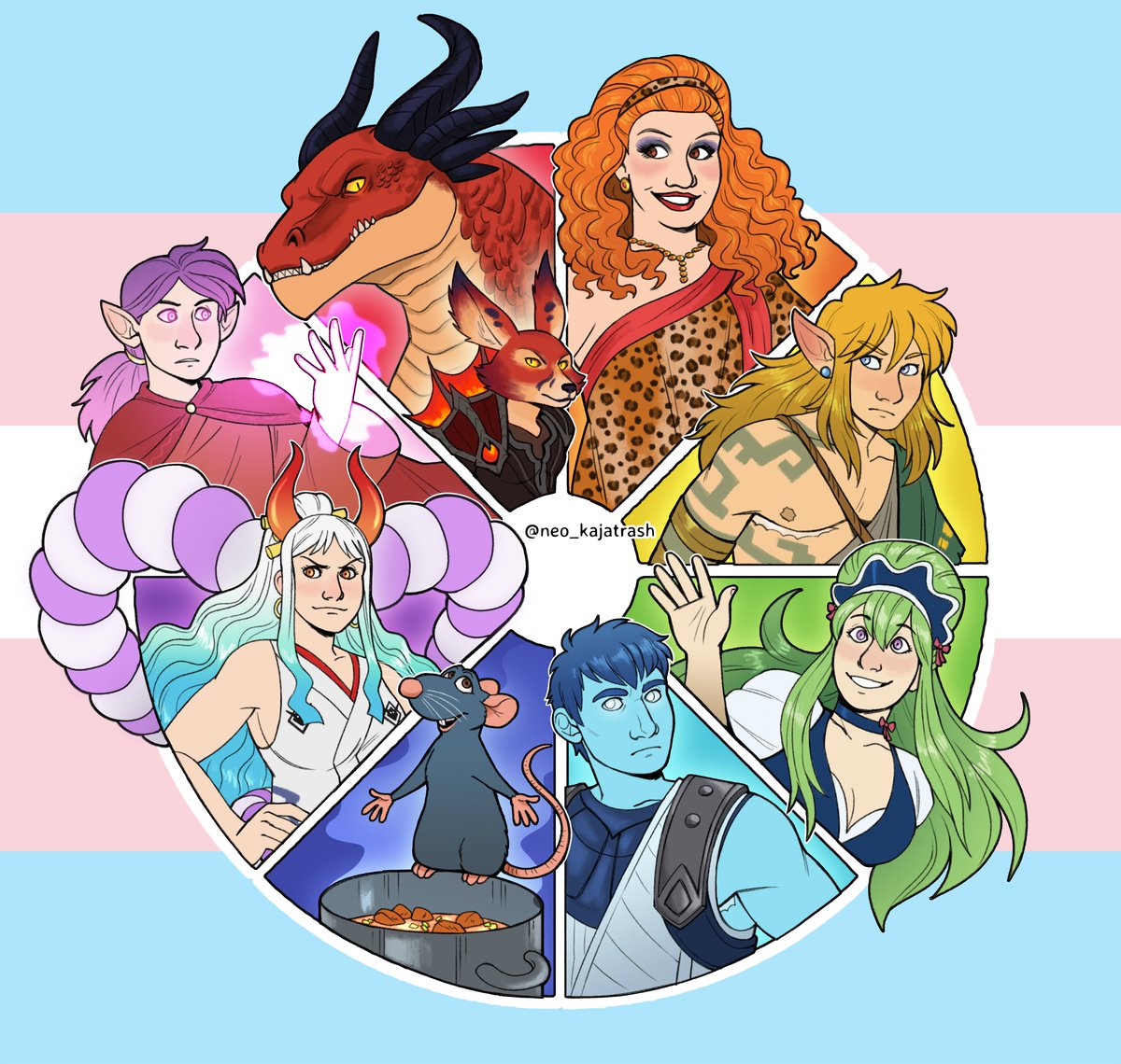 Ta-da! Here's my #colorwheelchallenge with trans and trans-headcanoned characters! I just wanted to put out some much-needed trans positivity. And thank you guys for the suggestions, I hope you like how it turned out! ^-^ 💖🏳️‍⚧️