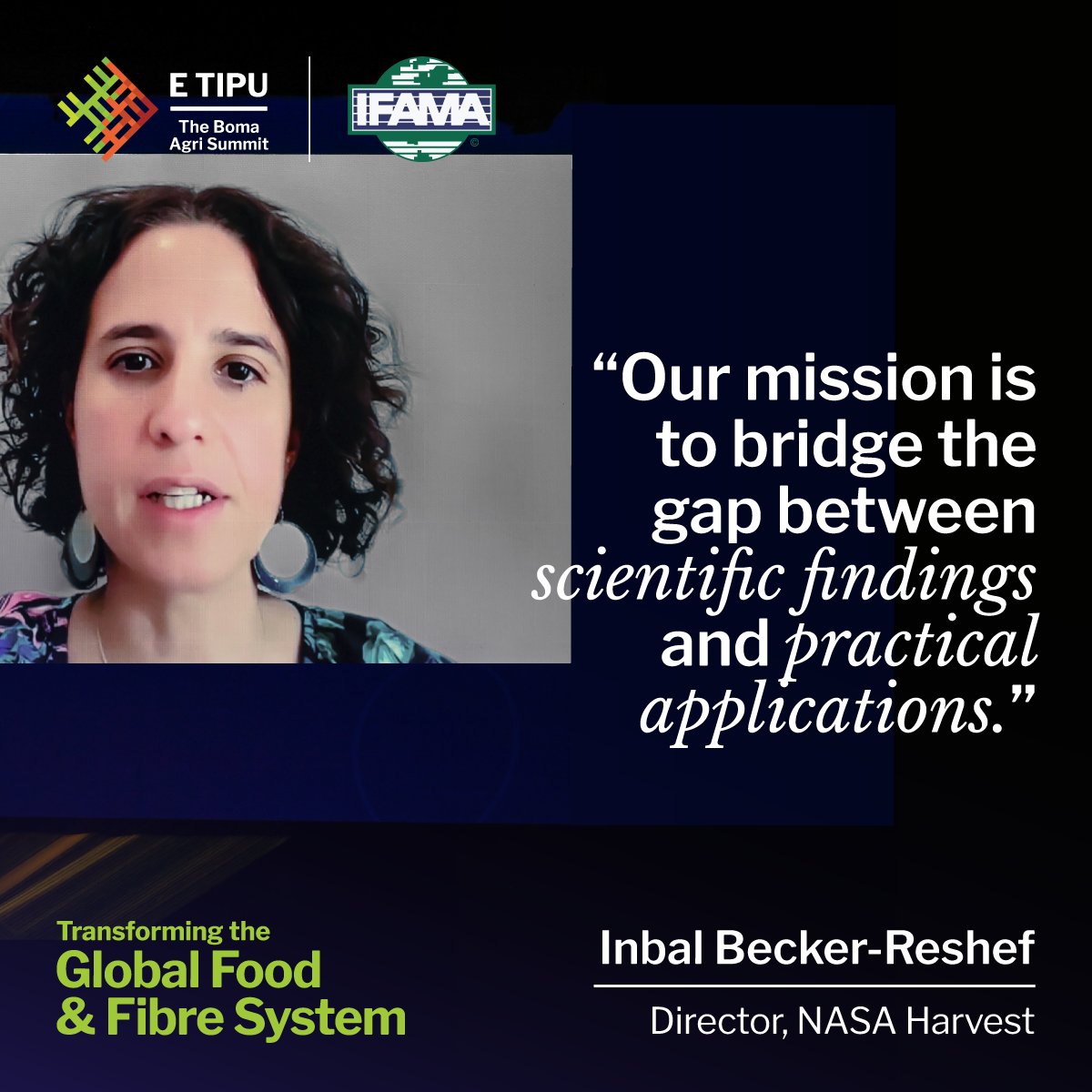 #ETipuIFAMA2023 SPEAKER HIGHLIGHT: Inbal Becker-Reshef, Director of @NASAHarvest, is actively working to enables scalable technologies that help address global hunger and #FoodSecurity. #BomaNZ #Agritech #FoodTech #FutureFood #AgriFood #Agriculture