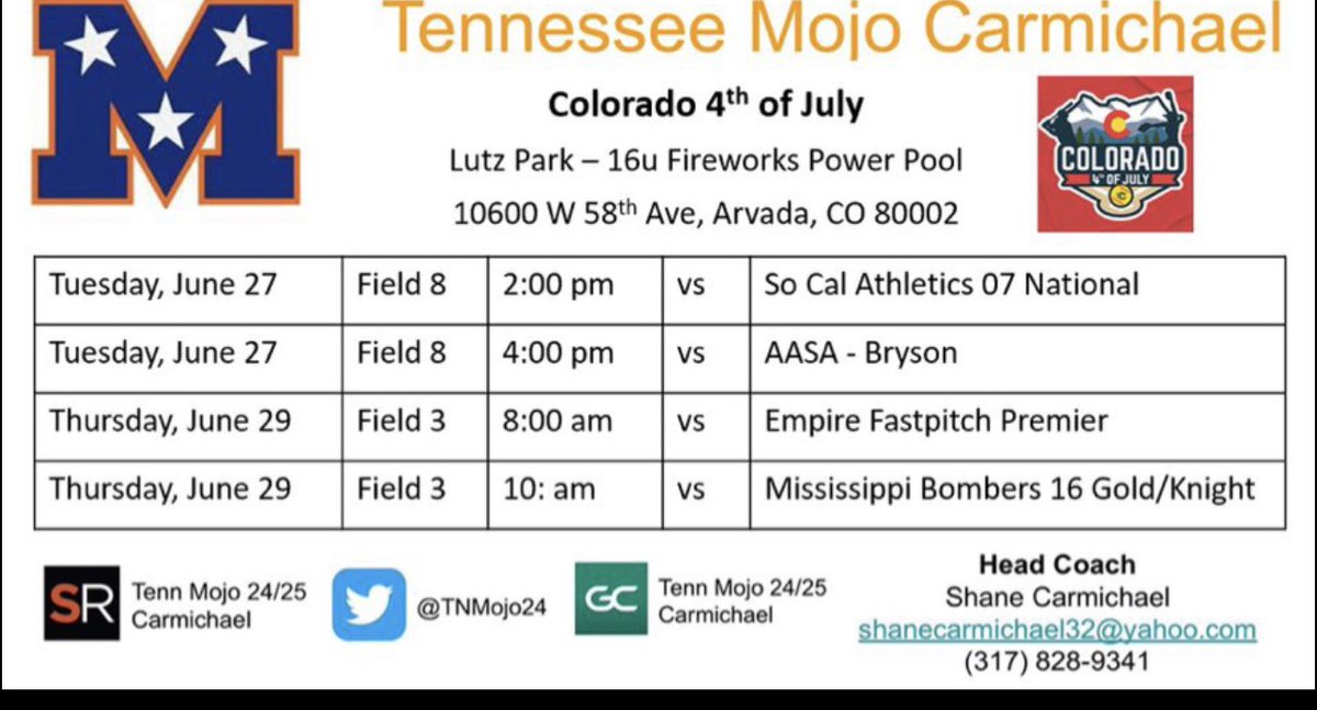 Coaches if you’re in the Colorado area starting next week you might wanna come out and catch the greatest show on dirt. The Mojo Carmichael girls are ready to blaze around the bases starting next Tuesday June 27th. These girls have worked their tails off to put on a show.