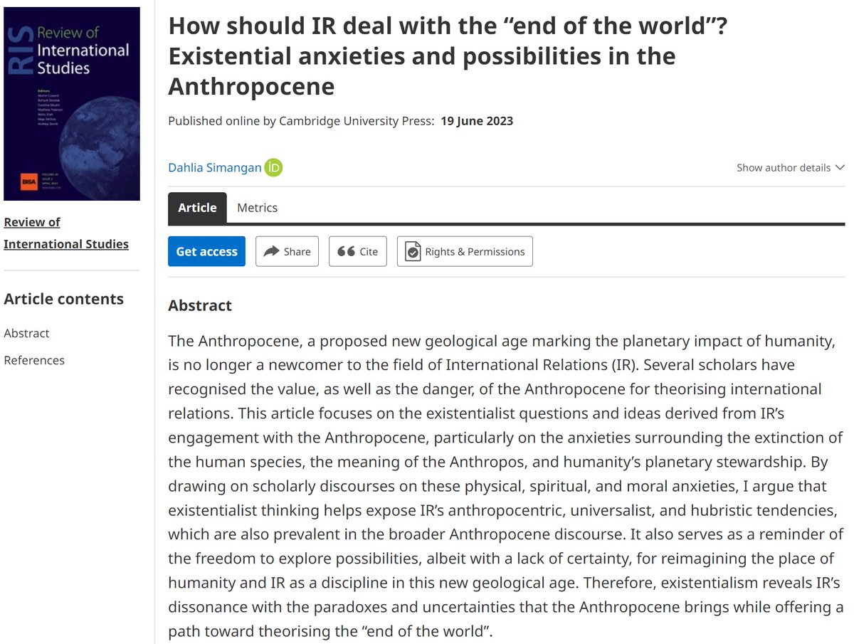 New article alert!
So happy to see my piece on existentialism and the #Anthropocene now online doi.org/10.1017/S02602…. Huge thanks to @TheRealistHom @CianODriscoll79 & @RISjnl editors for their support.
🔓10 free copies using this code: 28344F3AA729C769D2FE176B5C031ABE