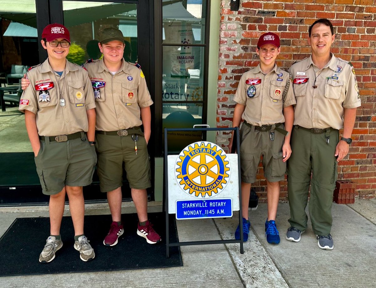 Starkville Rotarians, a longtime sponsor of the Scouting program, heard instructions from Troop 14 Scouts on flag etiquette. Shown after the meeting were, left-to-right, were Joe Fountain, Gibson Walker, Evan Hamby, and Todd Hamby, Troop 14’s Scoutmaster.