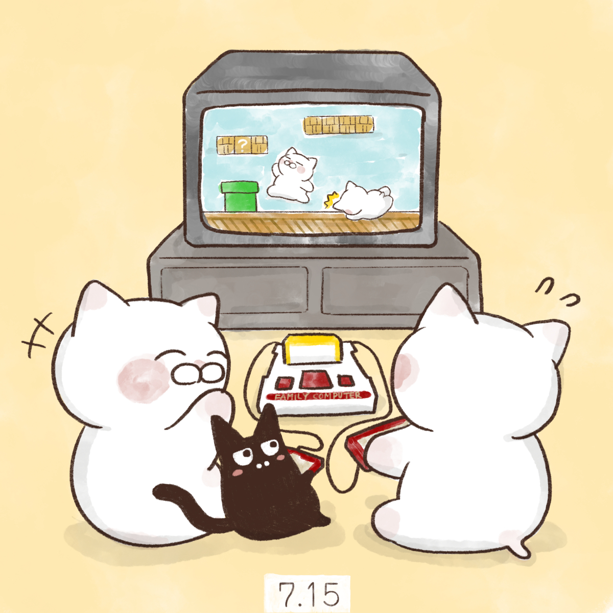 「7月15日【ファミコンの日】1983年のこの日、任天堂が家庭用ビデオゲーム機ファ」|大和猫のイラスト