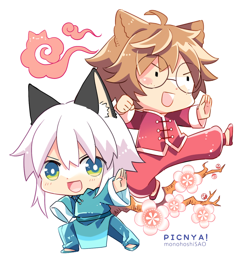 2boys animal ears multiple boys white hair cat ears brown hair chinese clothes  illustration images