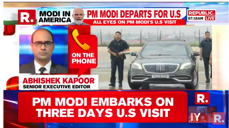 republic's tweet photo. #PMModiUSVisit | PM Modi's first state visit to US. PM will attend Yoga Day celebrations at the UN HQ in New York.
#PMModi_USVisit
#PMModiStateVisit
#YogaDay
Tune in -- https://t.co/xxdILOXnTH https://t.co/SpXsHPDK5B
