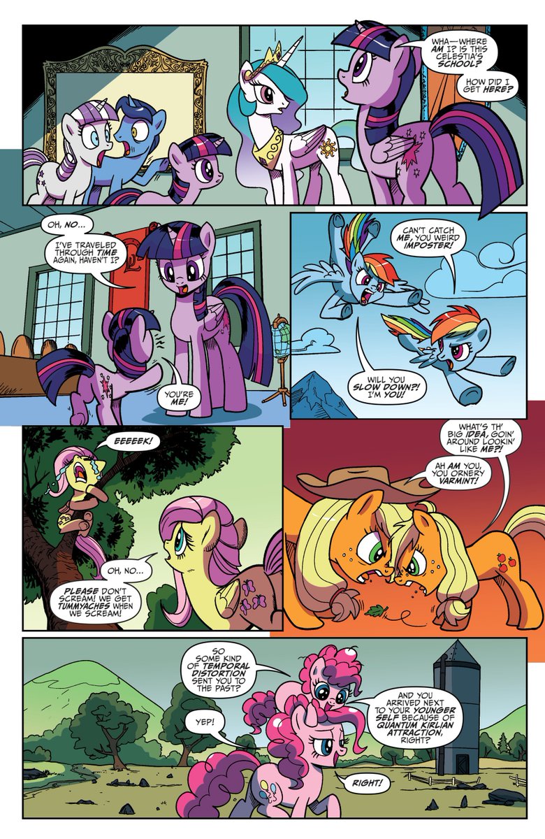 In the My Little Pony: IDW 20/20 special comic, the Mane Six unexpectedly get transported 20 years in the past and meet their younger selves. (2019)