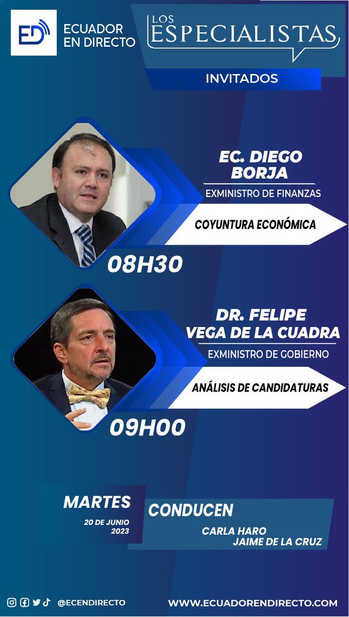 El menú de invitados para este martes 🗓20/06/2023 en #LosEspecialistas 08H00 am.
👇

⏰08:30 Ec. .<a href="/DiegoBorjaPC/">Diego Borja Cornejo</a> 

⏰09:00 Dr. .<a href="/felipevegadelac/">Felipe Vega de la Cuadra</a> 

Síguenos en🔴Vivo por Facebook, YouTube. Link👇

youtu.be/PhJl-XOM0fo

facebook.com/ecendirectotv