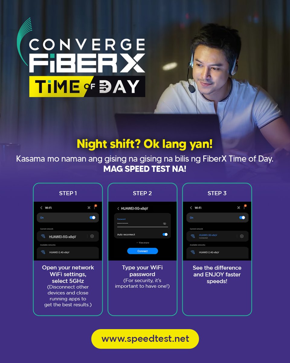 ExperienceCNVRG's tweet photo. Be productive when you need to be with Converge FiberX Time Of Day! Show us how fast it really is!

Make it a habit to take the Ookla Speedtest everyday! https://t.co/O6V0aMFRY4

Apply for a Time of Day plan here: https://t.co/QduDDSgMo4

 #FiberXTimeOfDay
 #YanAngInternet https://t.co/kcYC9YNLv4