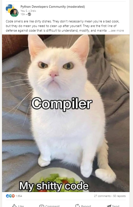 princes59895830's tweet image. "oh please, your #code has to easily #readable and maintainable!"

#humor this above I tell my self every morning as I look in the mirror 🙃