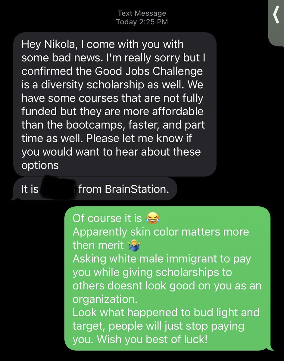 At the beginning of the year I applied for @jpmorgan scholarship for UX Design bootcamp with @BrainStation. I was denied scholarship because I wasnt “diverse” and  “inclusive” enough apparently. They called me again today to offer me some programs to pay, I asked the person that…