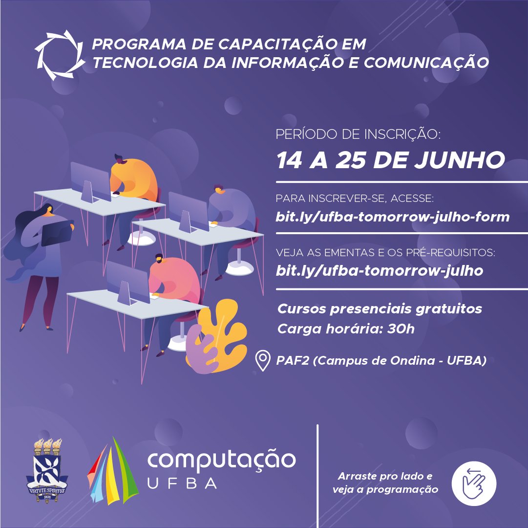 computacaoufba's tweet photo. Capacitação de qualidade é no IC! 👩🏽‍🏫

A próxima etapa do programa de capacitação em TICs está com inscrições abertas até 25 de junho, para 4 cursos ministrados por professores (as) do IC. 📚

O edital e o formulário de inscrição estão disponíveis no site https://t.co/gKkyXKa5xQ https://t.co/JuQyr49iHV